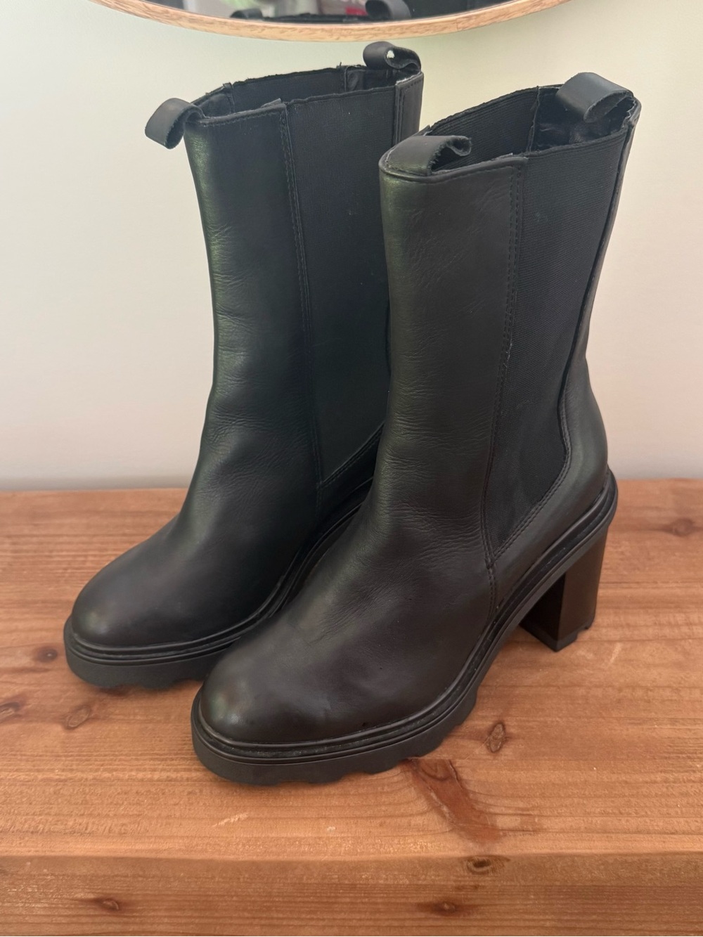 Annabella Black Leather Mid-Calf Block Heel Boots